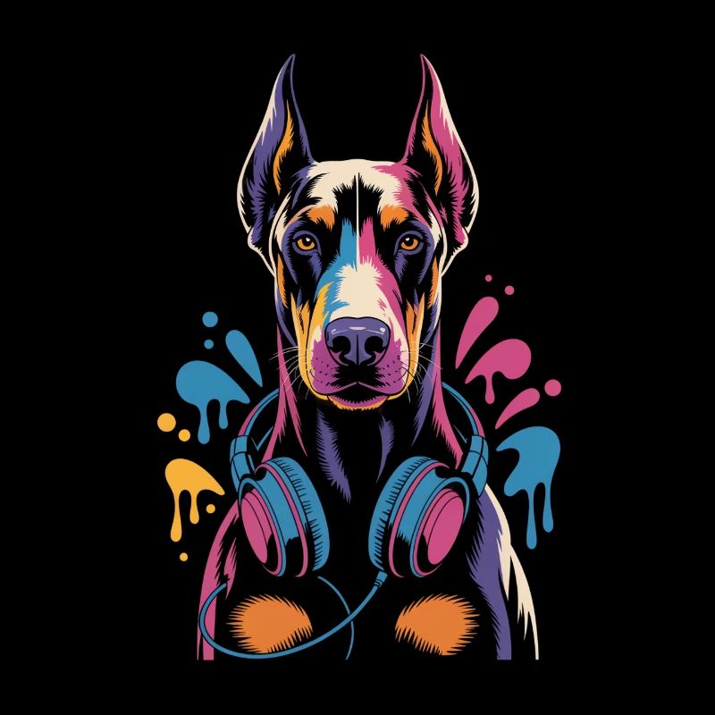 Dobermann mit Kopfhörern