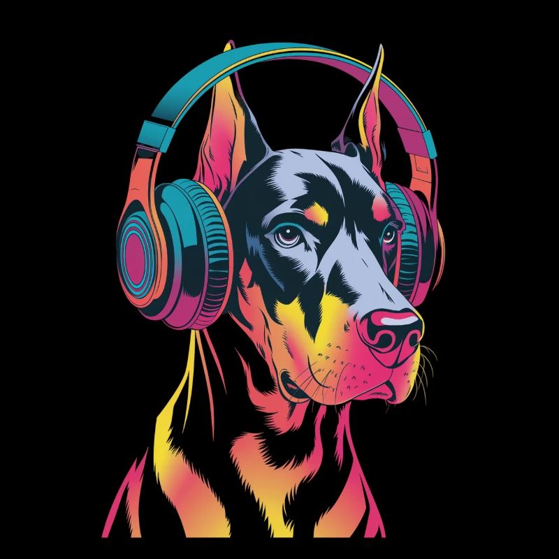 Dobermann mit Kopfhörern