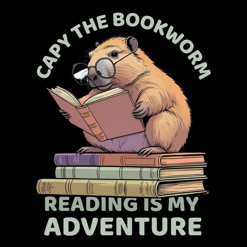 Capybara reading between stacks of books
