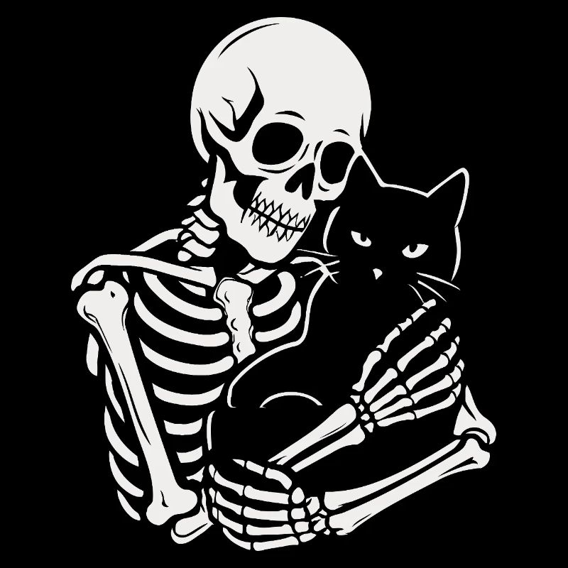 Skelett streichelt schwarze Katze