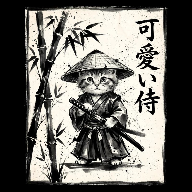 Samurai Katze Sumi-e Tuschezeichnung