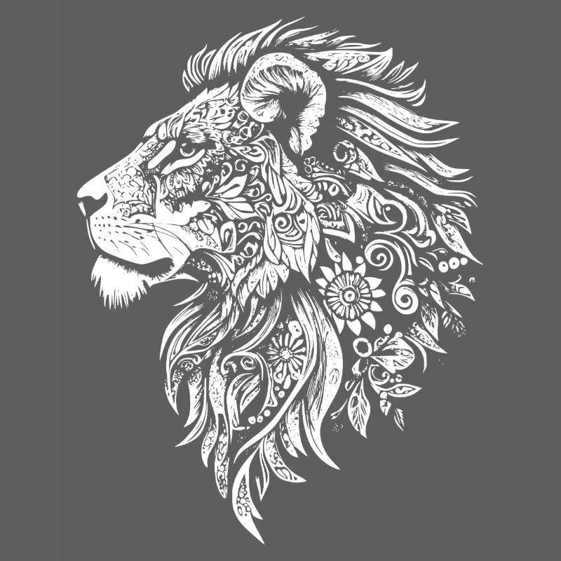 Powerful lion's head with floral dynamics