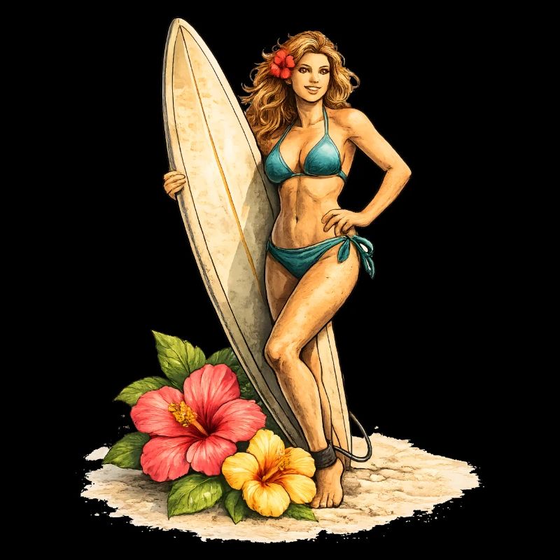 Surfeur avec planche et fleurs d’hibiscus
