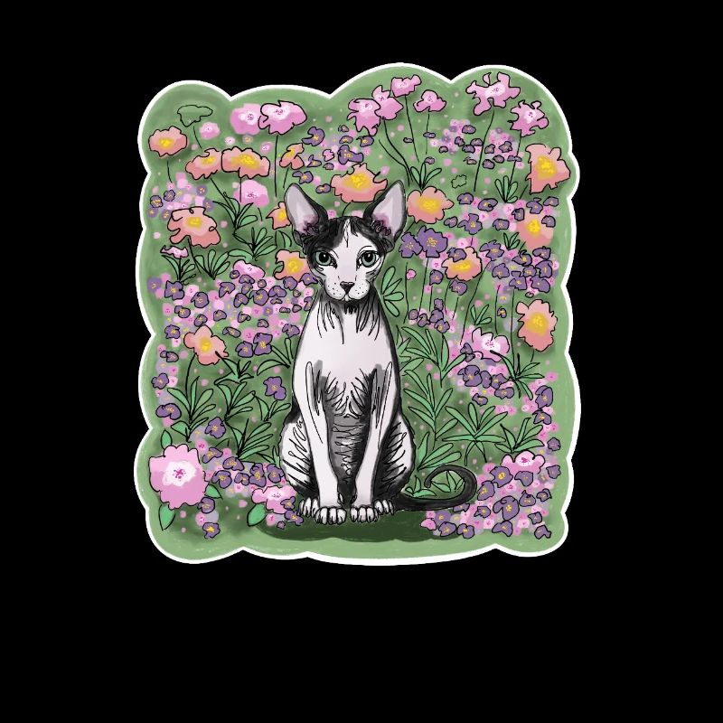 Illustration d’un chat sphynx parmi les fleurs