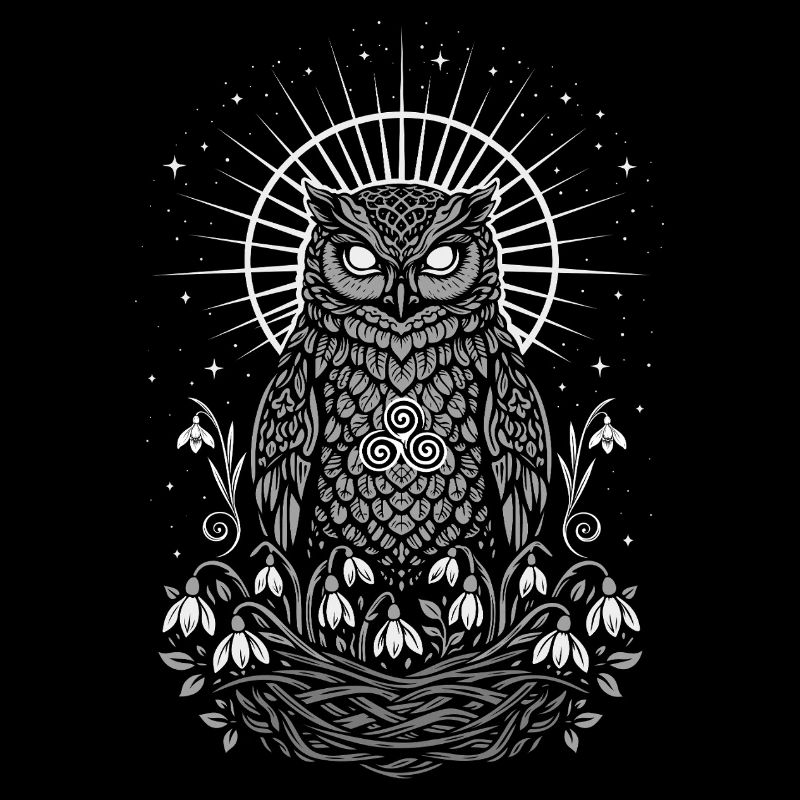 Imbolc Eule mit Triskele und Schneeglöckchen