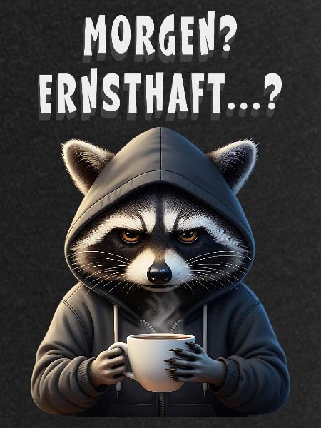 Morgenmuffel Waschbär mit Kaffee