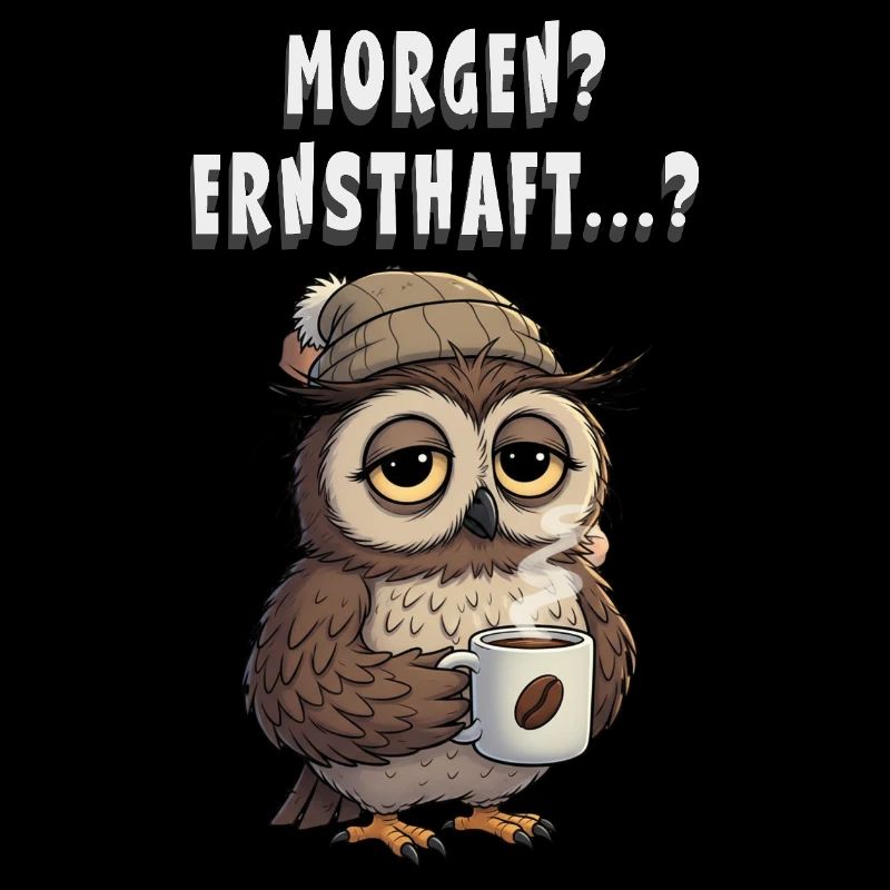 Morgen? Ernsthaft? Müde Eule mit Kaffee