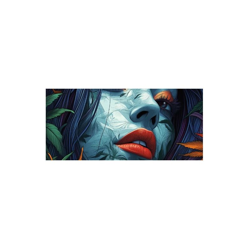 Neon leaf portrait with red lips