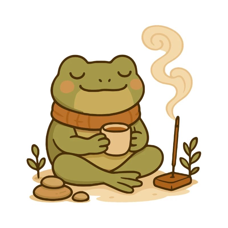 Grenouille consciente avec thé et bâtonnets d’encens