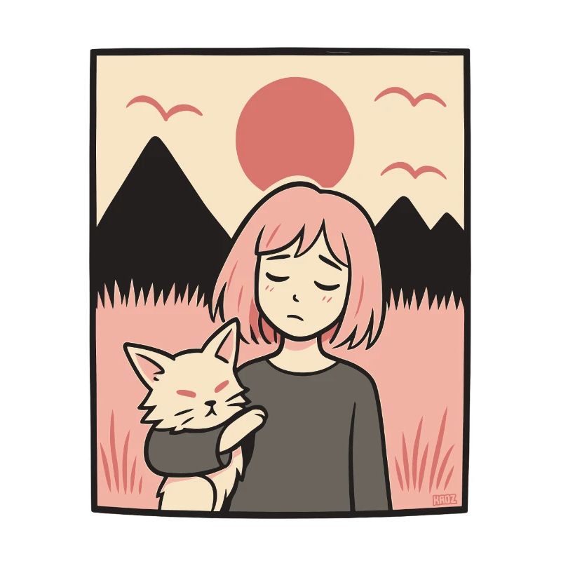 Fille avec un chat devant les montagnes