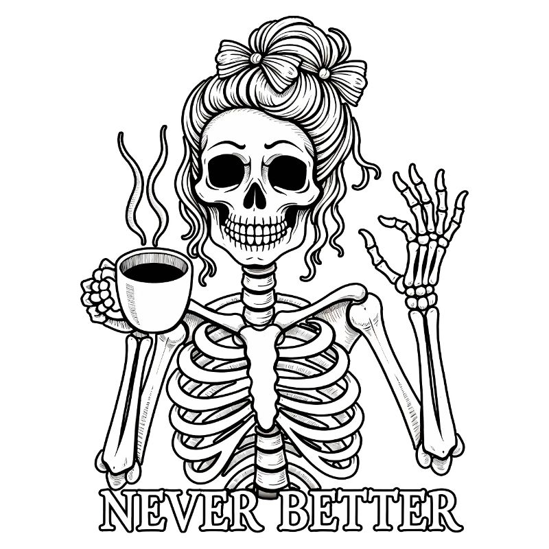 Funny skeleton drinking coffee