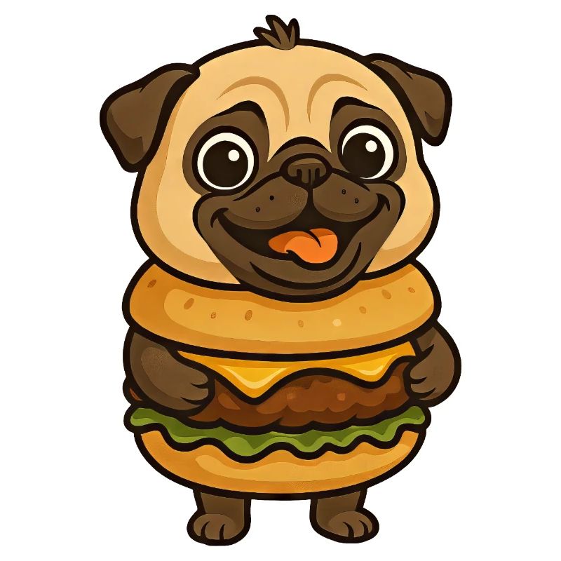 Lustiger Mops mit Hamburger Cheeseburger Fabeltier