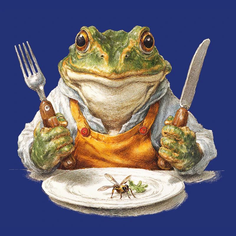 Frog chef with fork and knife