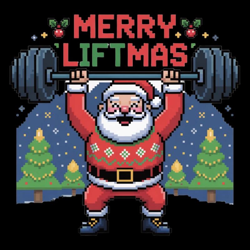Le Père Noël Pixel soulève des poids