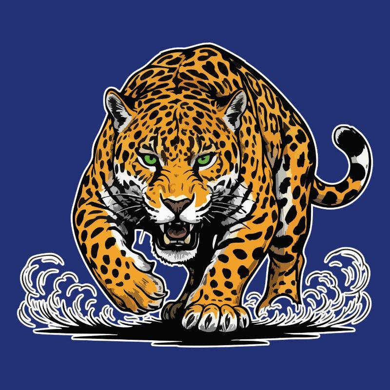 Jaguar-Leopard greift Wassermaskottchen Räuber an