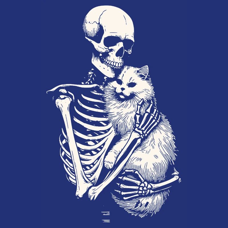 Skeleton hugging cat
