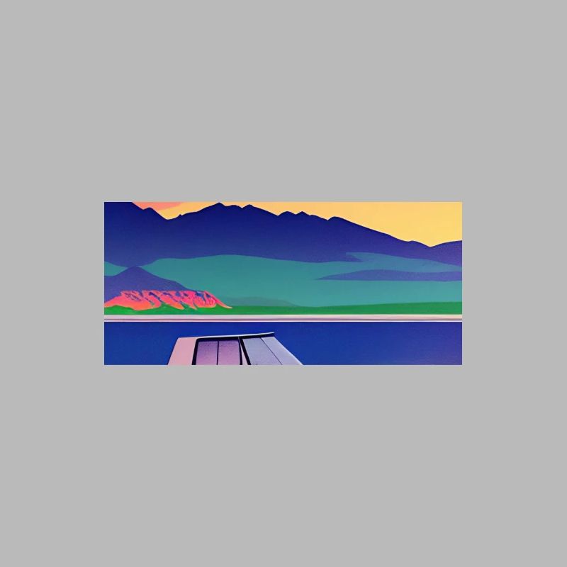 Landschaft mit See, Boot und Berge