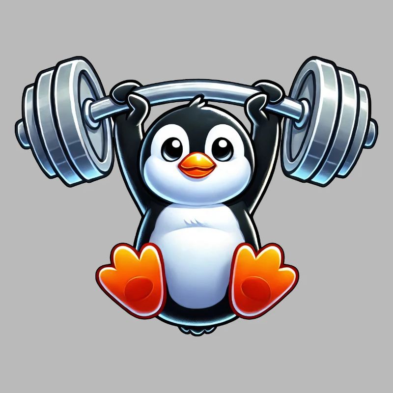 Cute cartoon penguin with dumbbell pull-up head