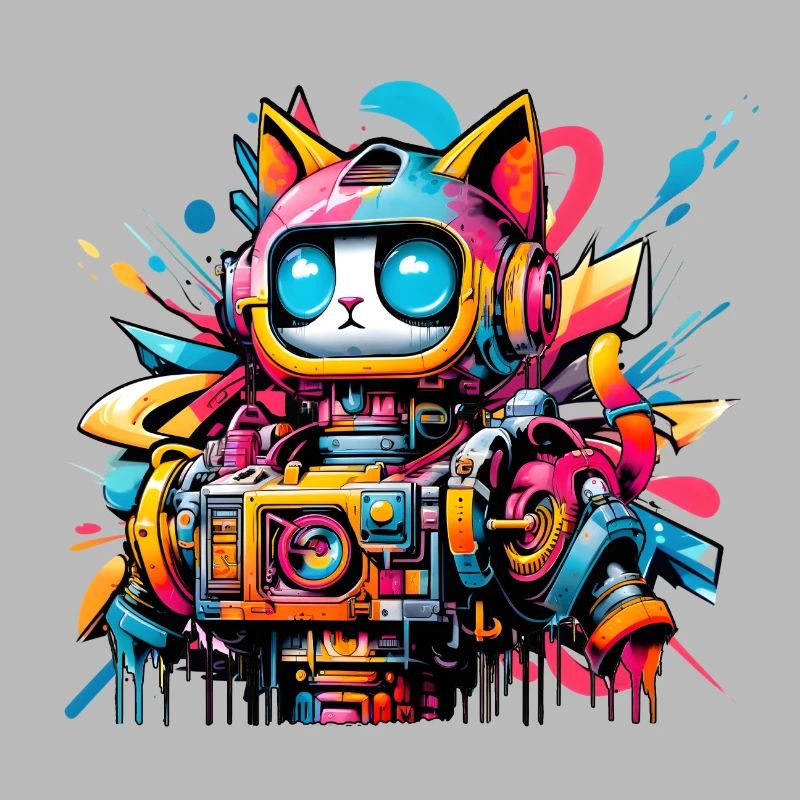 Chat conçu comme un robot dans le style graffiti de la bande dessinée