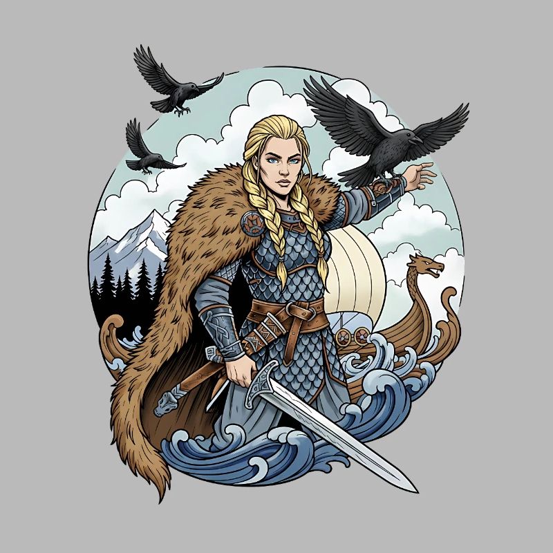 Femme viking armée d’une épée dans la tempête