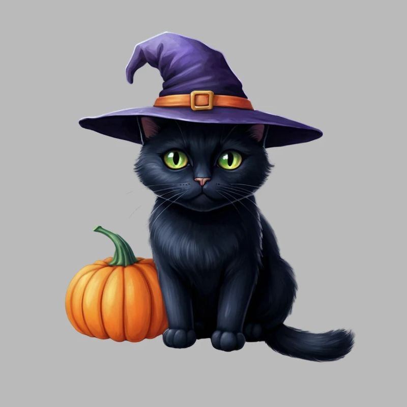 Chat sorcière avec citrouille