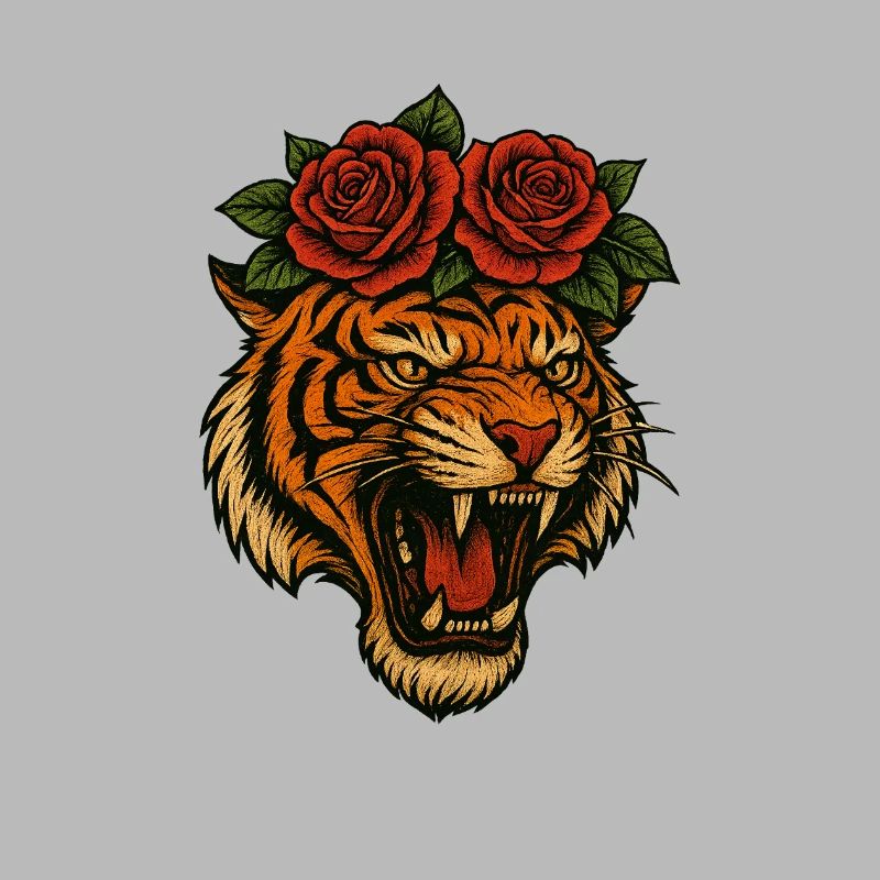 Fierce Tiger Head with Roses – High-Resolution Tra