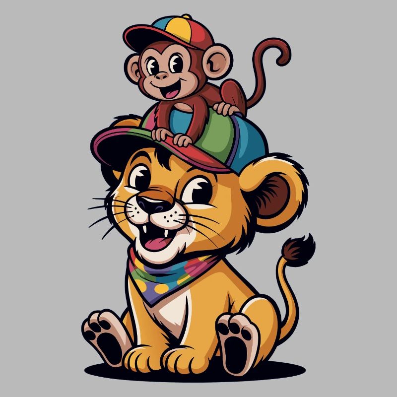 Jungle Duo: Monkey on Lion with Hat