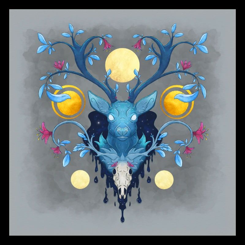 Blue Ink Spirits Posters - Cerf Nocturne Fleuri