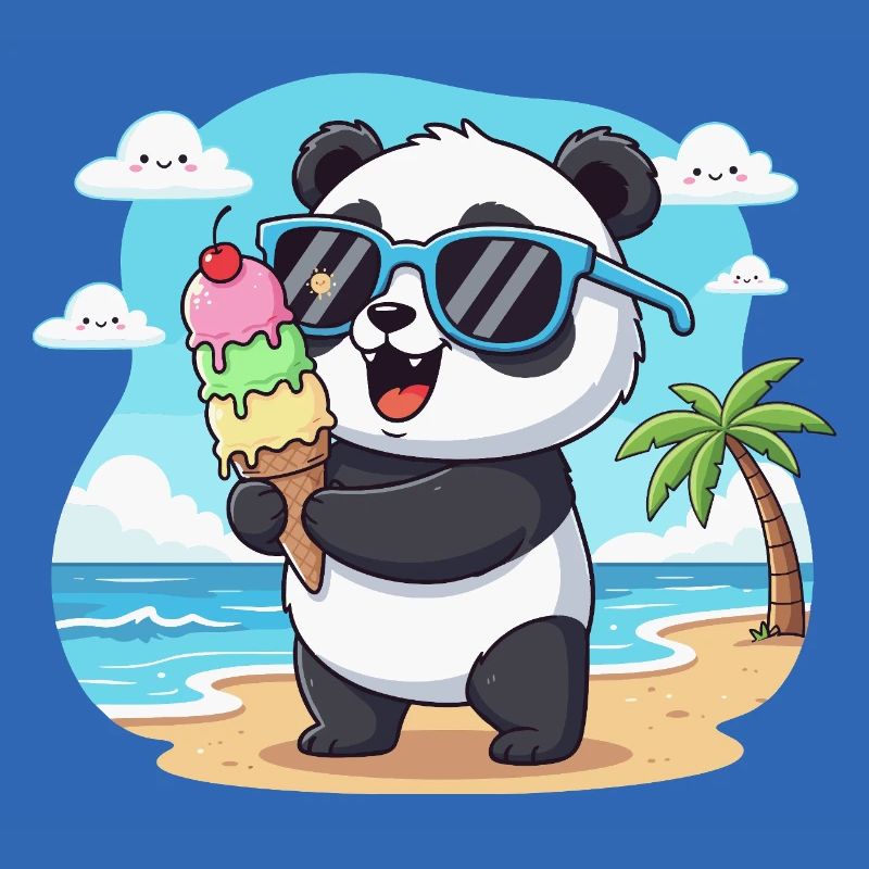 Panda am Strand mit Eiscreme