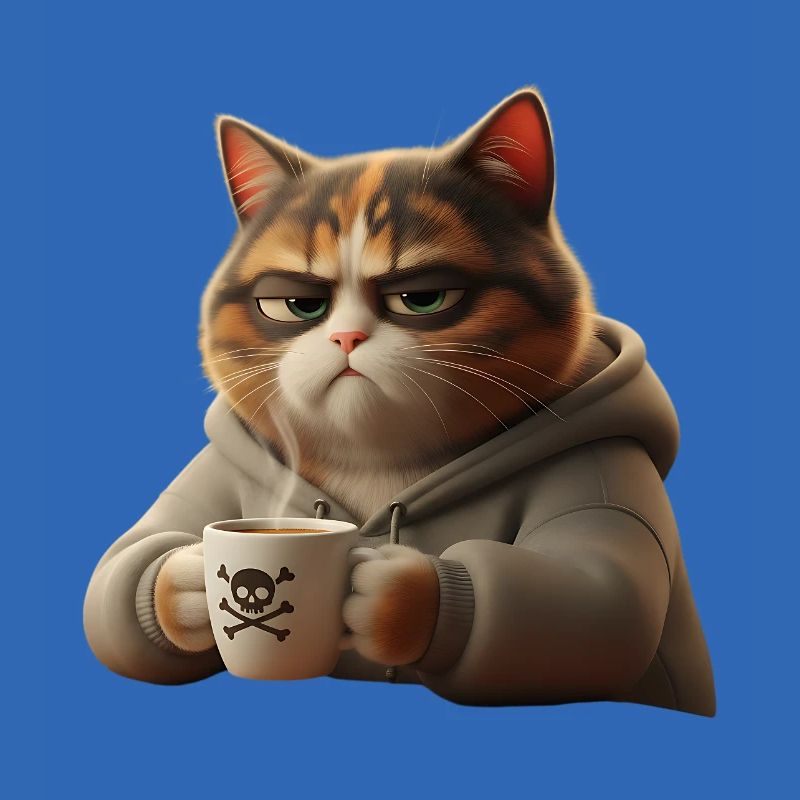 Lustige müde Katze mit Kaffeetasse Morgenkaffee