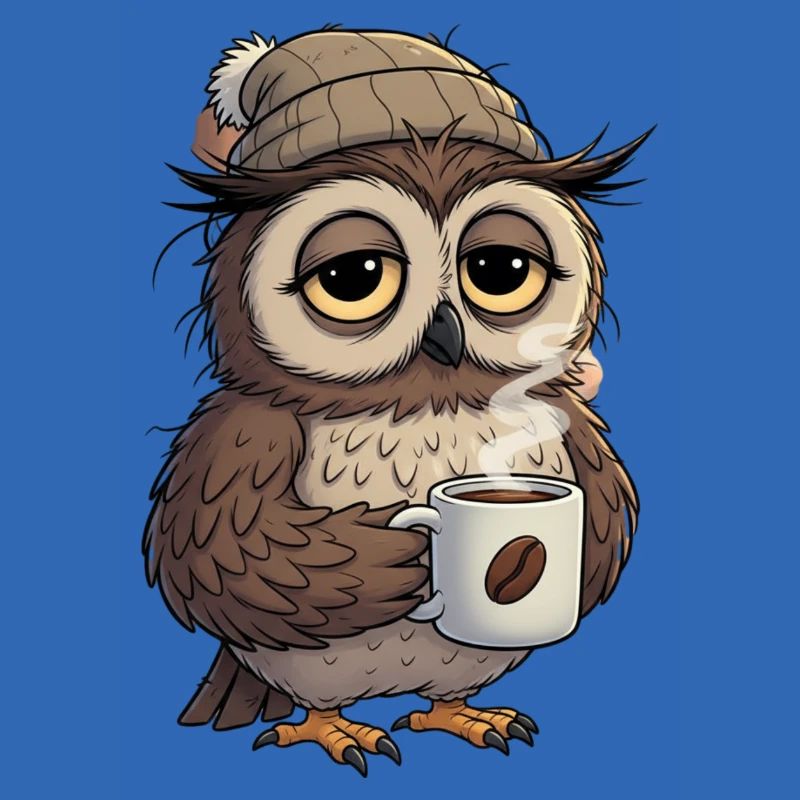 Verschlafene Eule Mit Kaffeetasse Cartoon