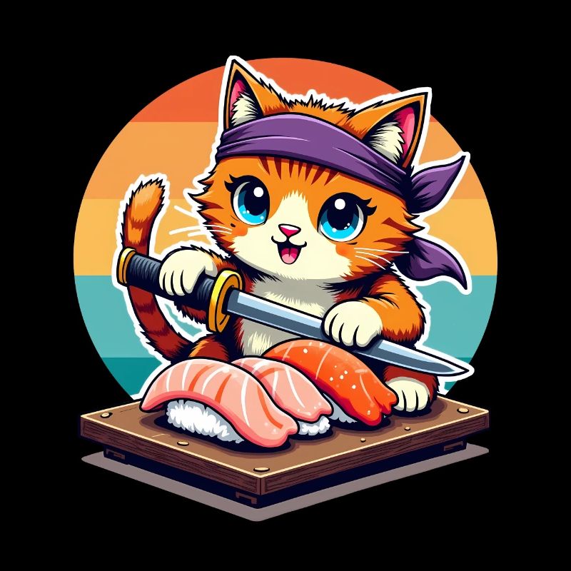 Sushi Master Cat with Sunset holding Katana knife
