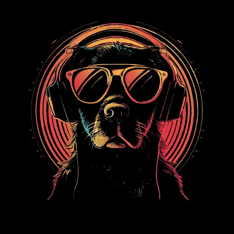 Neon Hund mit Sonnenbrille und Kopfhörern