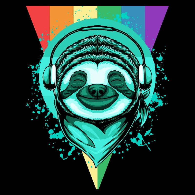Sloth with headphones & rainbow