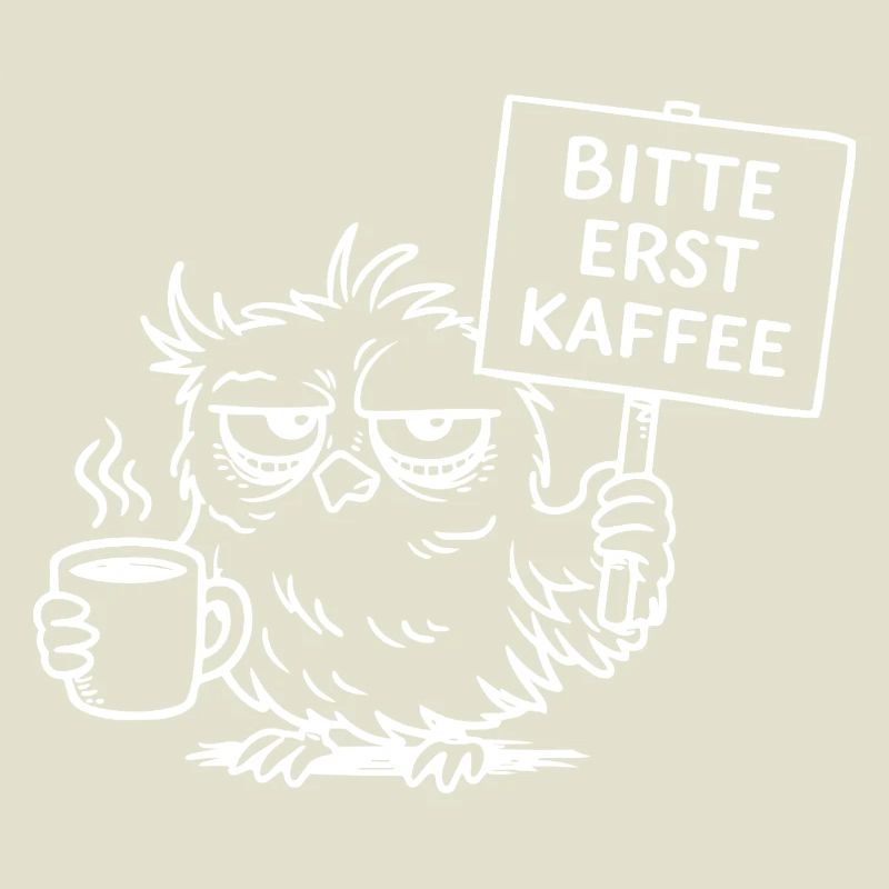 Bitte erst Kaffee – Müde Eule mit Kaffeetasse