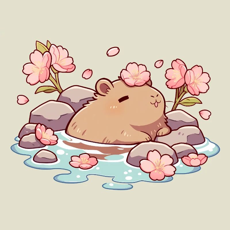 Onsen Capybara mignon – Design Kawaii de la Fleur de Cerisier