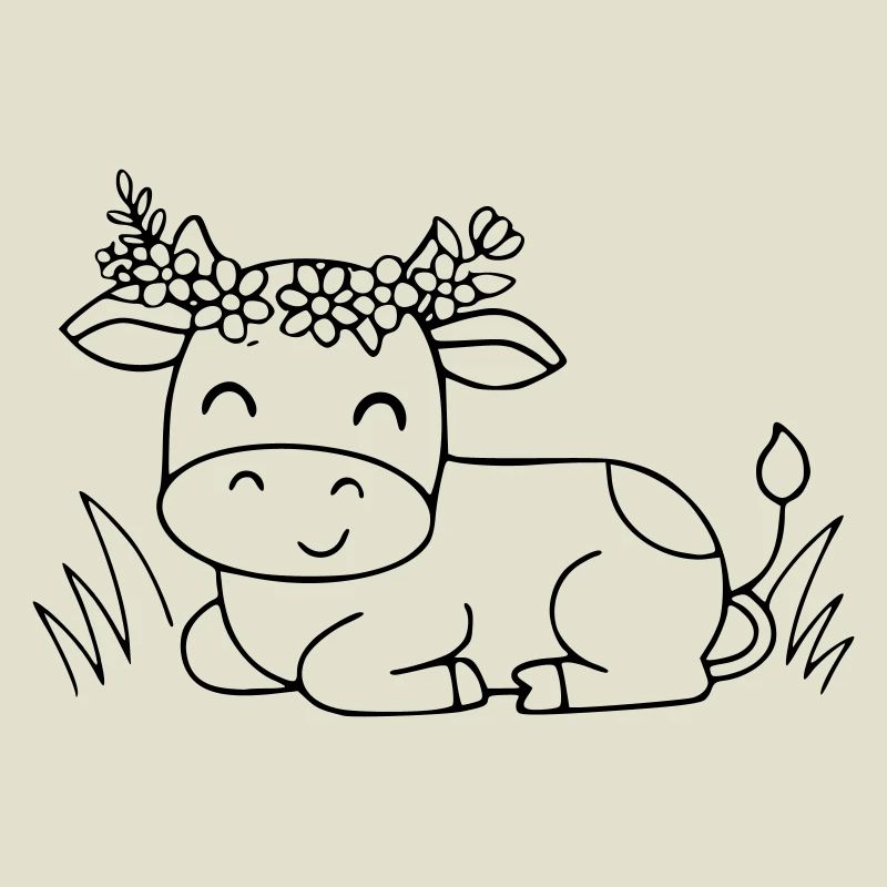 Süße Kuh Blumenkranz Boho Outline