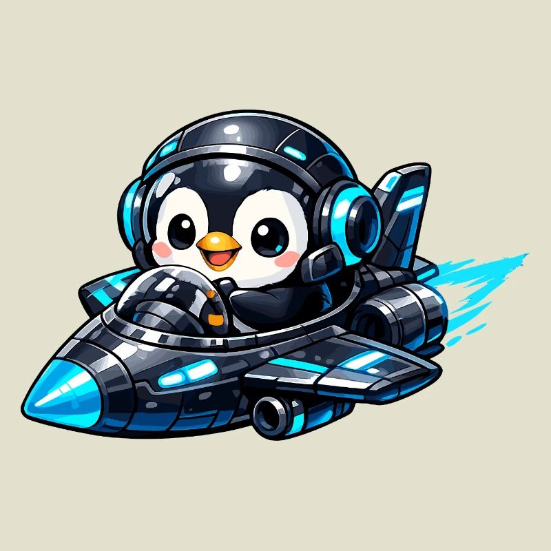 Neon penguin pilot in rocket jet
