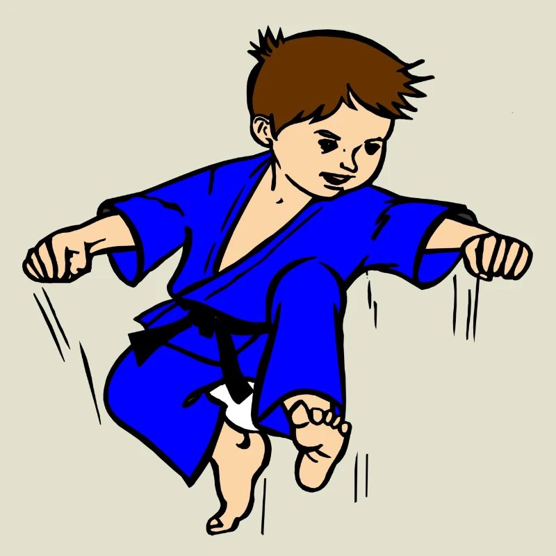 Blauer Anzug Karatekind oder Judokind mit schwarzem Gürtel