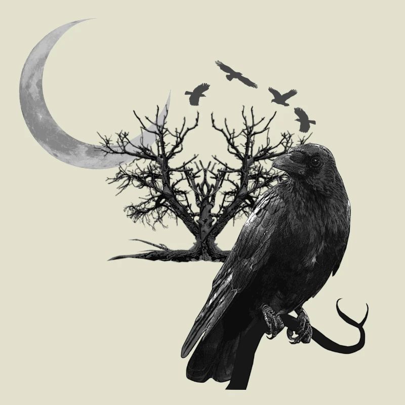 raven, crescent moon, trees, gothic design