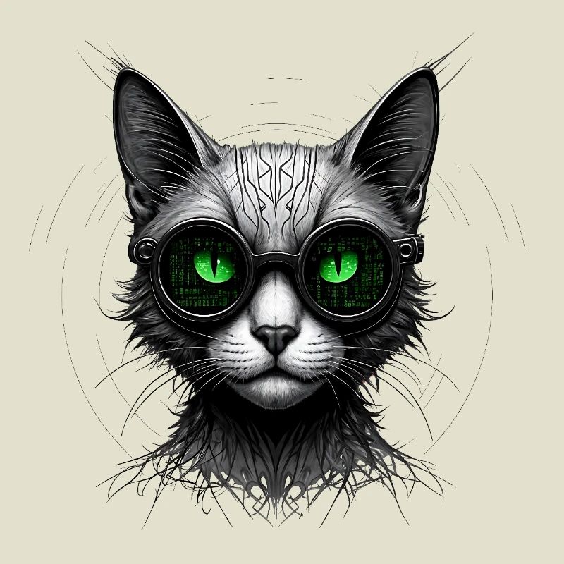Green Eyes Computer Coder Geek Cat