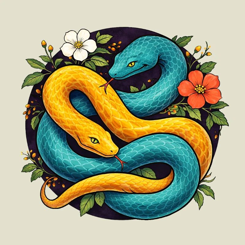 Two Python Snakes in Flower Ring