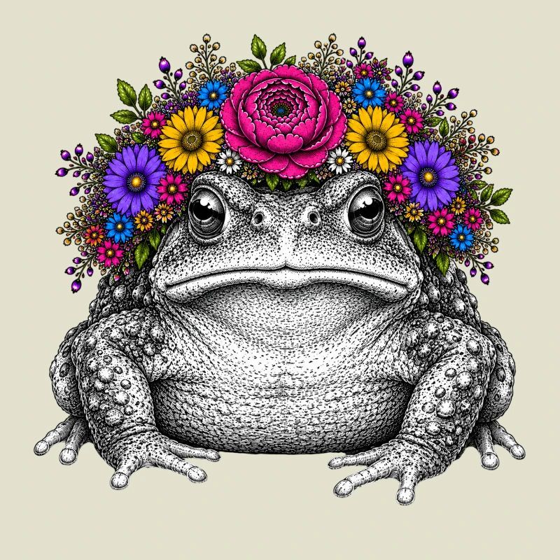 Crapaud avec couronne de fleurs