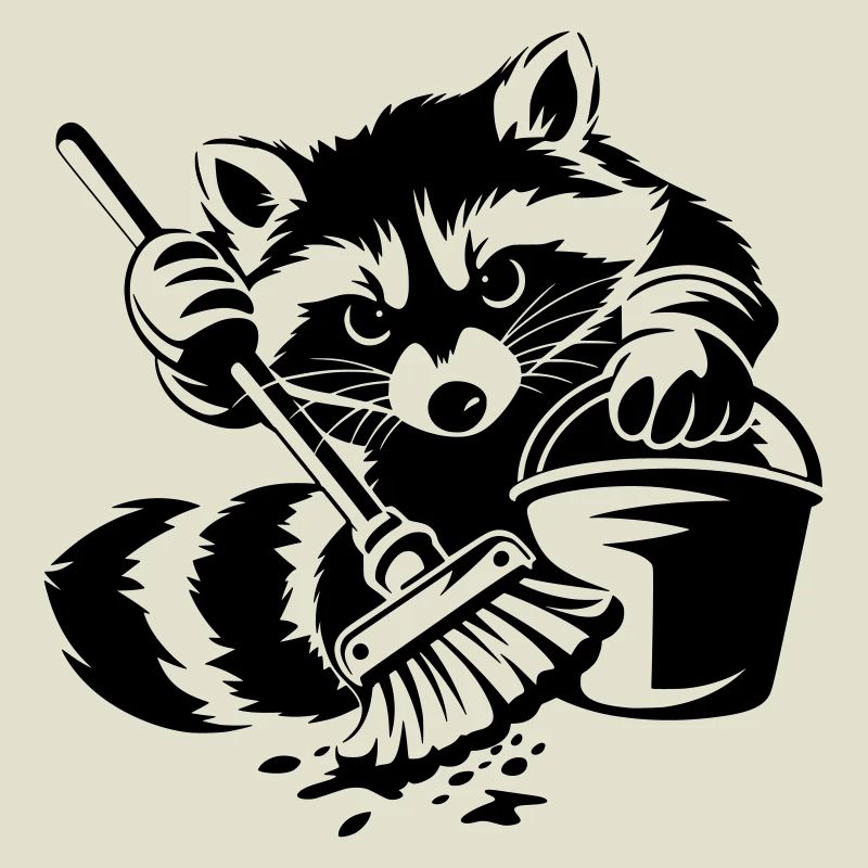 Waschbär mit Eimer & Mopp