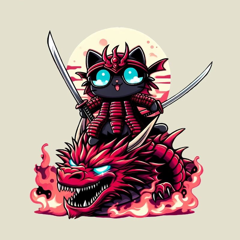 Chat samouraï avec épée sur dragon dans une bataille épique 3D