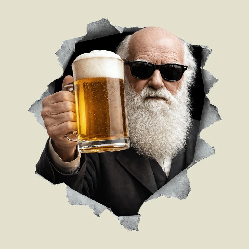 Charles Darwin holds a beer