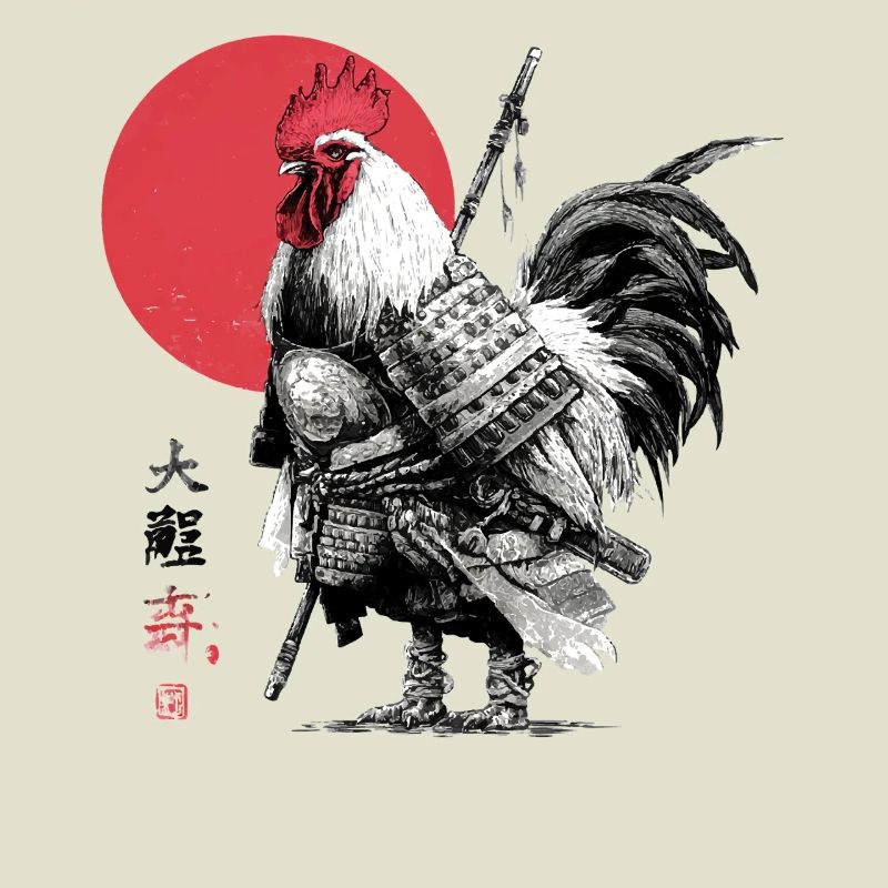 Samurai Rooster in Armor Under Red Sun