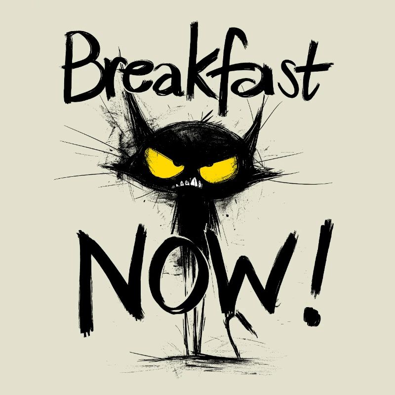 Grimmige schwarze Katze – Breakfast NOW!