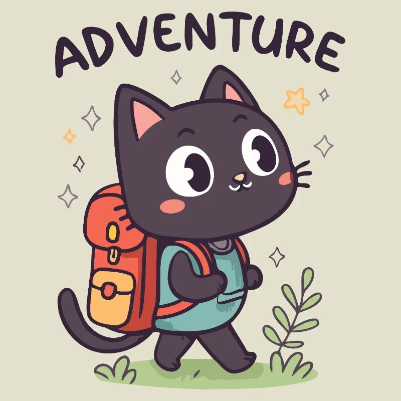 Adventurous Black Cat with Backpack