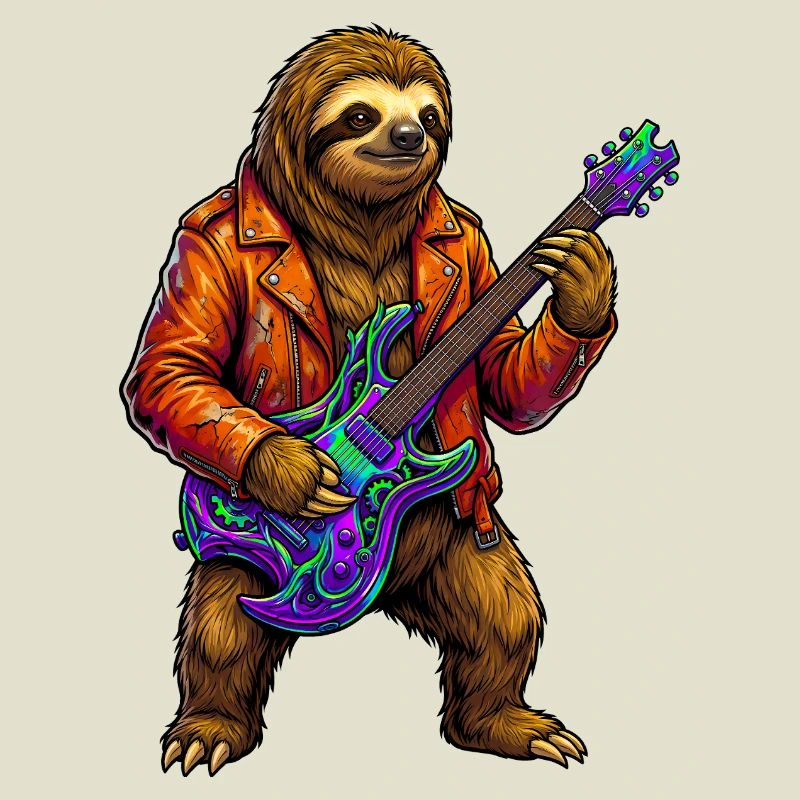 Faultier in Lederjacke mit Neon E-Gitarre